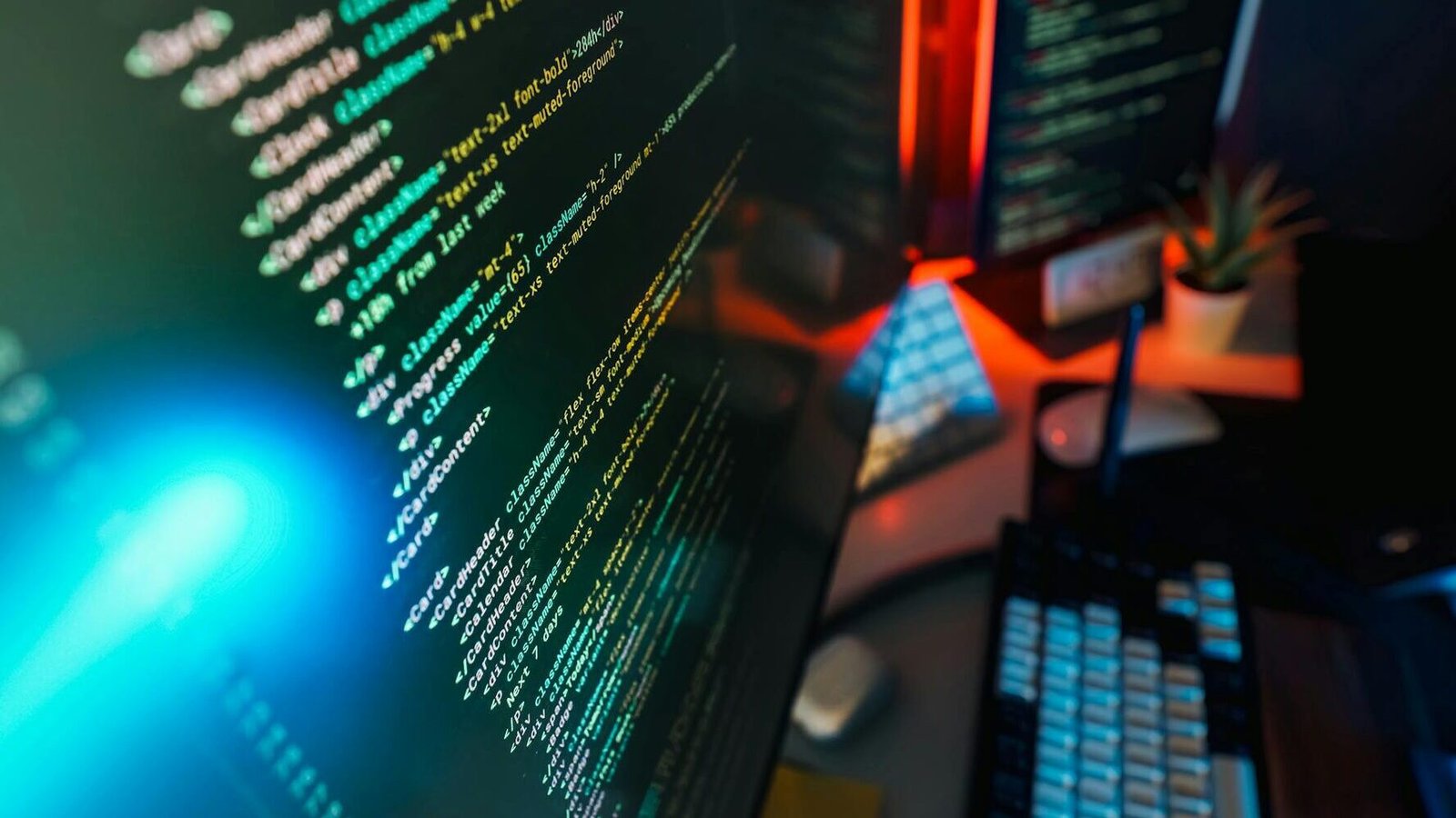 Futuristic workspace featuring a glowing computer screen with coding displayed, ideal for technology and programming concepts.